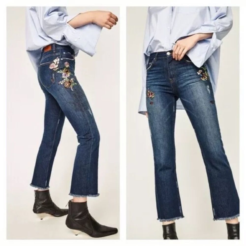 Zara floral appliqué embroidered mid rise frayed hem cropped skinny jeans size 2